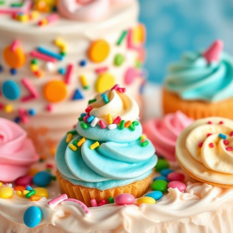 Detalhe de doces coloridos e cupcakes decorados