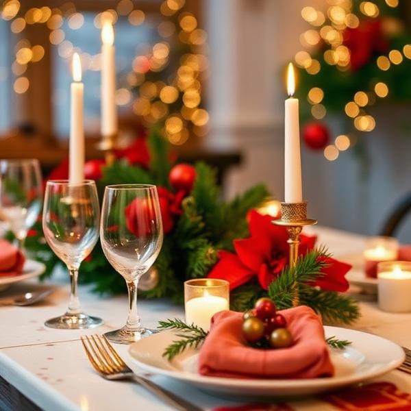 Mesa festiva decorada com velas e louças elegantes