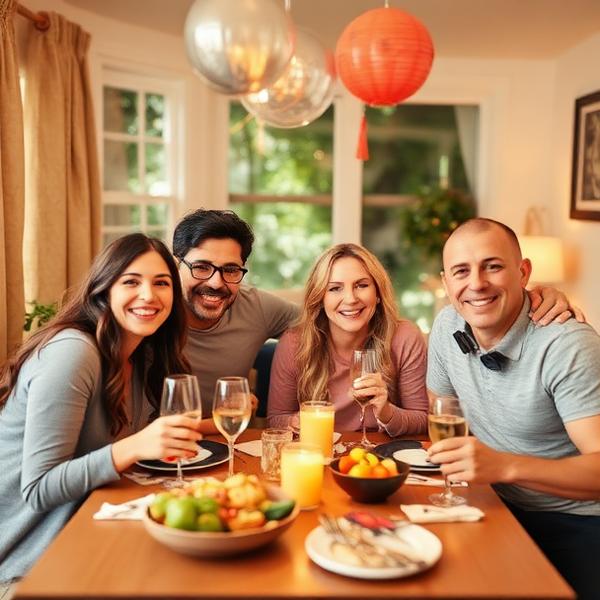 Família feliz celebrando festa infantil em casa