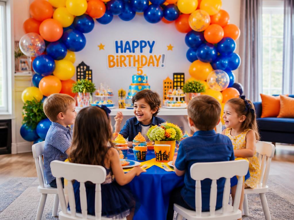 Festa infantil colorida com crianças celebrando